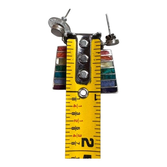 Peru Peruvian Flag Rainbow Gemstone Inlay Sterling Silver 950 Drop Earrings VTG - Picture 7 of 7